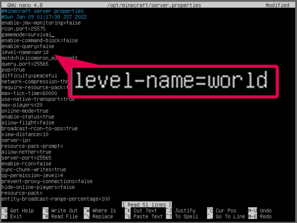 マイクラ　Linux系OSでのserver.properties level-name