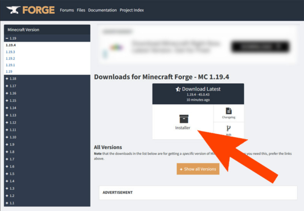 Minecraft forgeのダウンロード（1.19.4）