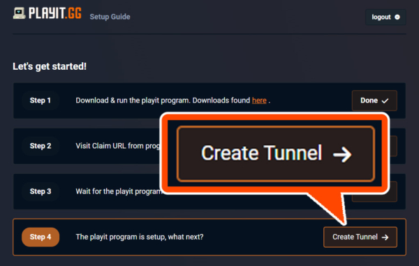 『playit.gg』、クリエイトトンネル